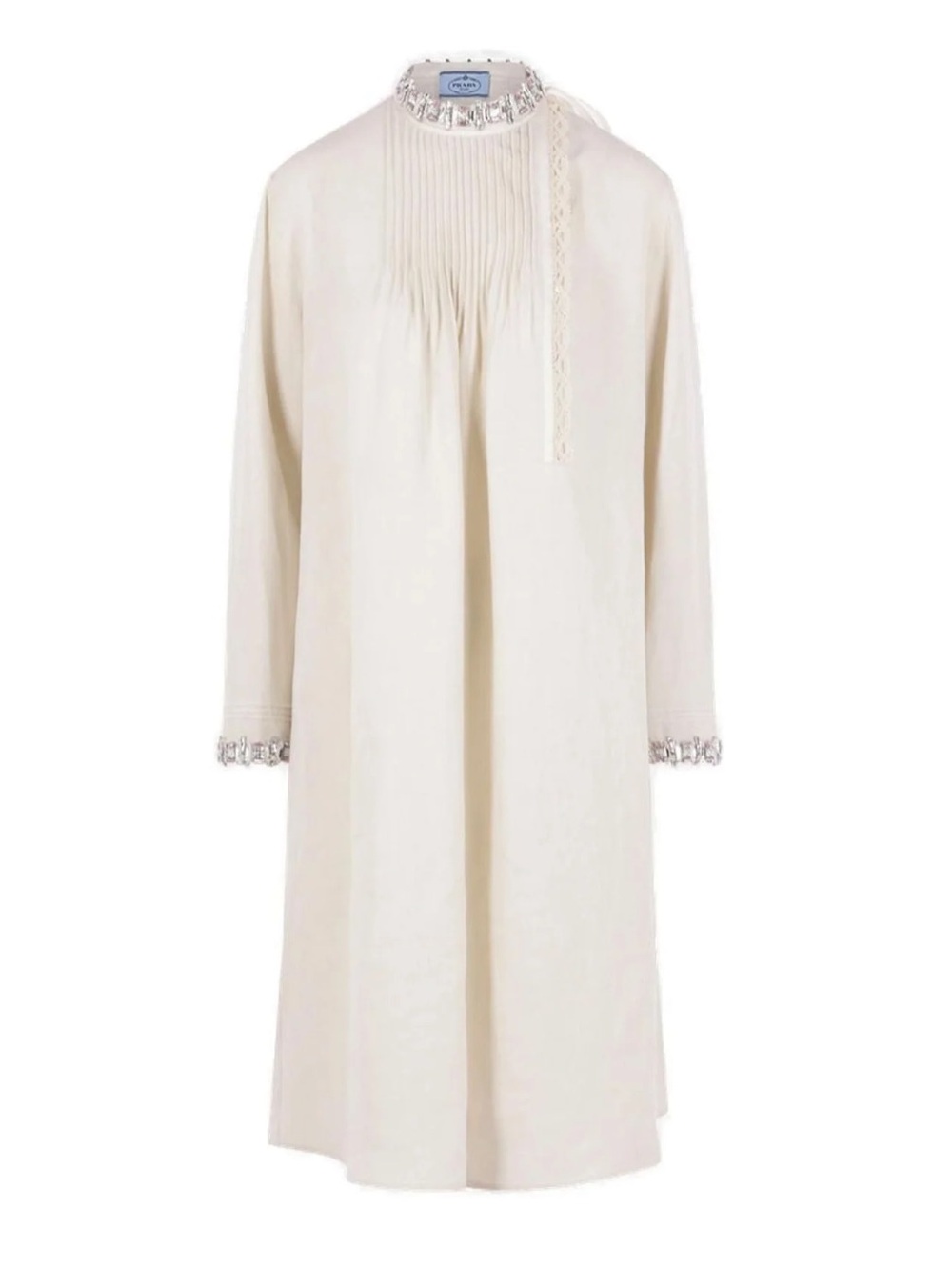 Prada Cream Long-Sleeve Embellished Neck Dress